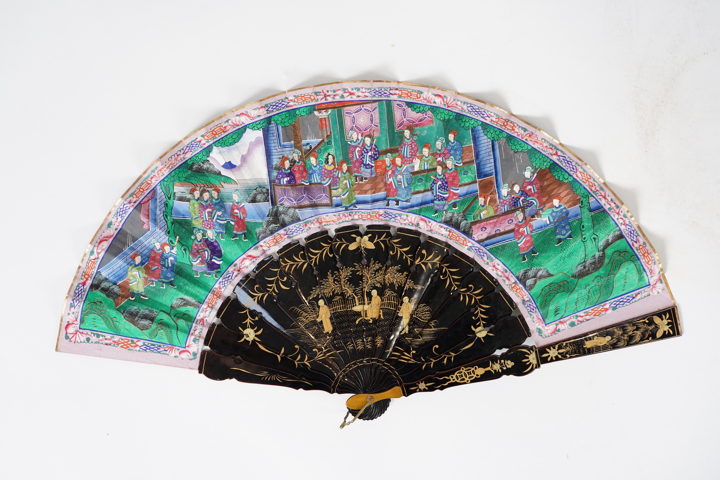 Three Chinese gilt-decorated black lacquer and painted leaf fans, 19th century